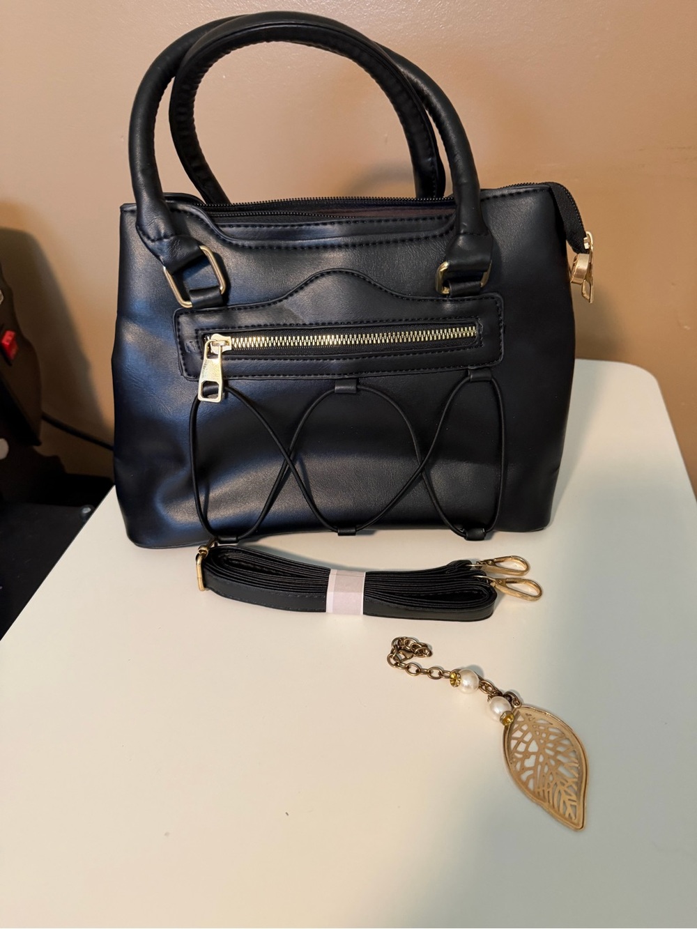 Women's Black Satchel Handbag with Gold Accent